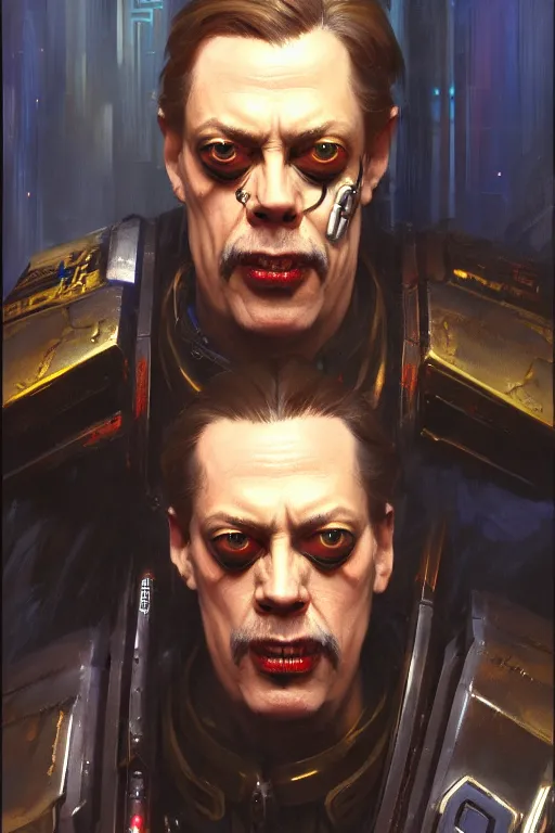 Image similar to character portrait cyberpunk warhammer 4 0 k steve buscemi, character design, painting by gaston bussiere, katsuya terada, frank frazetta, tom of finland, trending on artstation