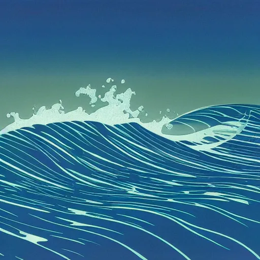 Image similar to a perspective view of waves crashing on the shore, by eyvind earle