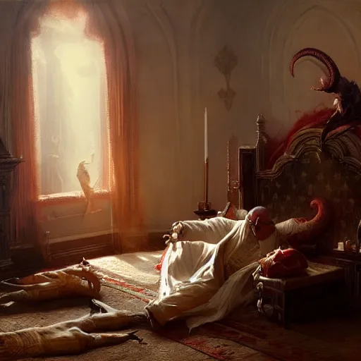 Image similar to the pope is in his bedroom, scared because a horned demon is attacking him. highly detailed painting by gaston bussiere, greg rutkowski, craig mullins 8 k