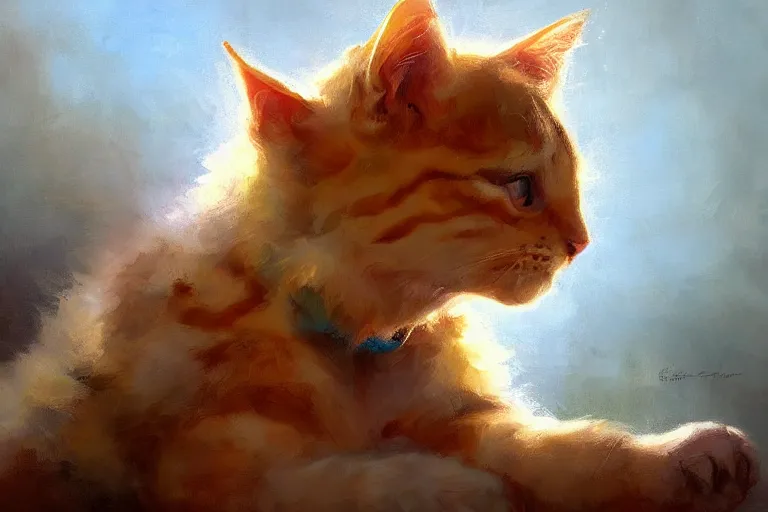 Image similar to A bright, happy painting of a huge kitten by Craig Mullins, beautiful, hyperrealistic, high-quality, professional, dramatic lighting, extremely high detail, trending on artstation