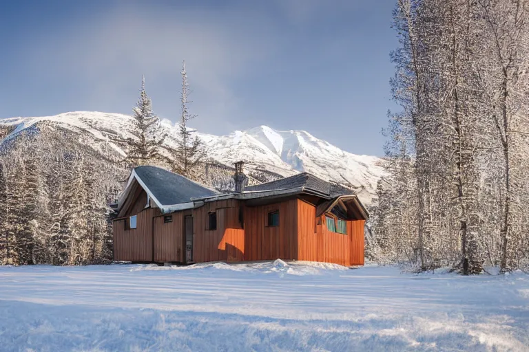 Image similar to architecture photo modern fachwerk house cottage settlement with Elbrus mountain on the background, architecture, photorealism 8k , high details