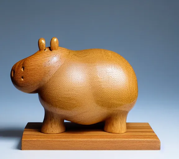 Image similar to a stylised minimalist pear shaped sculpture of hippo baby, bottom made half wood carved, top half blue translucid resin epoxy, cubic blocks stripes, side view profile centered, studio, white background