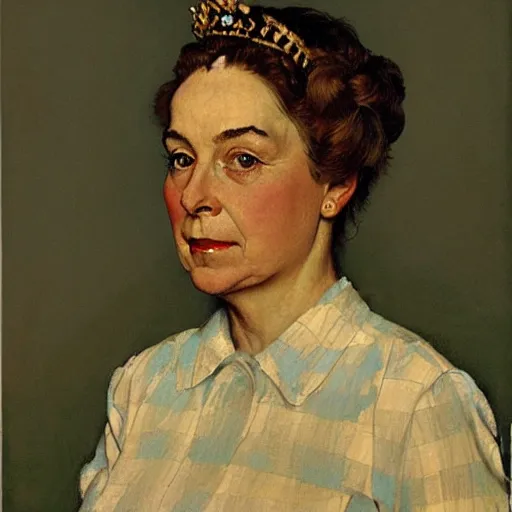 Image similar to Frontal portrait of the queen of the proletariat. A painting by Norman Rockwell.