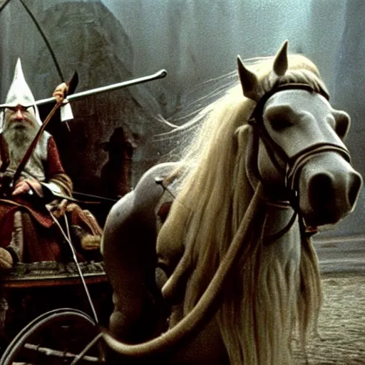 Prompt: gandalf riding in a cart being pulled by a horse, style of h. r. giger, cinematic, movie still, cgi, directed by ridley scott