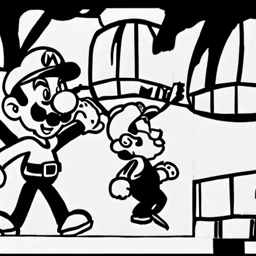 Image similar to mario and luigi chasing walter white in the mushroom kingdom, realistic, black and white