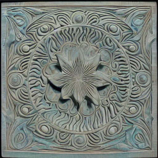 Image similar to maze, thin lines, ernst haeckel, carved soapstone relief paneling white and pale blue