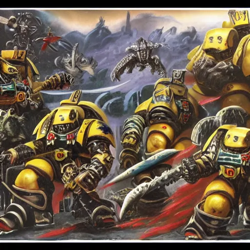 Image similar to Warhammer 40k space Marines fighting dinosaurs, by John blanche