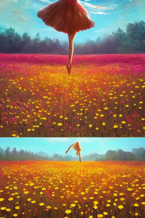 Image similar to giant daisy flower as head, girl ballet dancing in a flower field, surreal photography, sunrise, dramatic light, impressionist painting, colorful clouds, digital painting, artstation, simon stalenhag