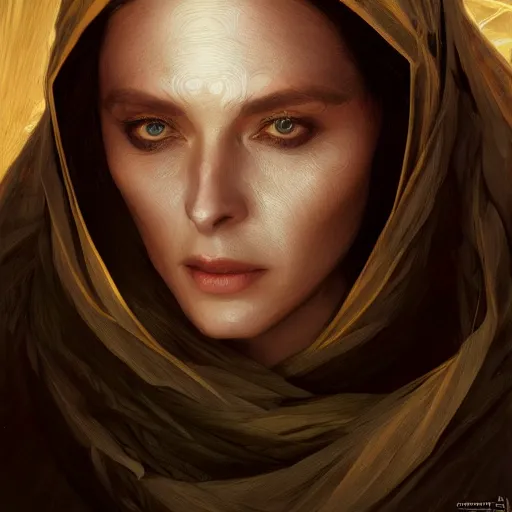 Prompt: portrait, female bene gesserit, bee keeper, veiled face, d & d, fantasy, intricate, elegant, highly detailed, digital painting, artstation, concept art, matte, sharp focus, illustration, art by artgerm and greg rutkowski and alphonse mucha