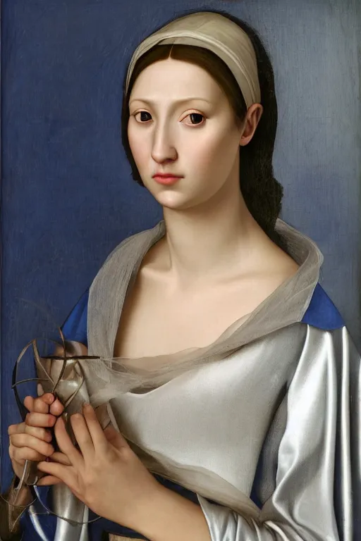 Image similar to hyper - realistic close - up portrait of a medieval female in the caravaggio style, pale skin, in a silver silk robe, blue palette