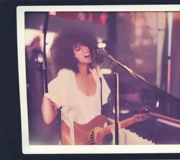 Image similar to polaroid photo of singer singing in an japan 1 9 8 0 pop big concert, photo by louise dahl - wolfe, color photo, colored