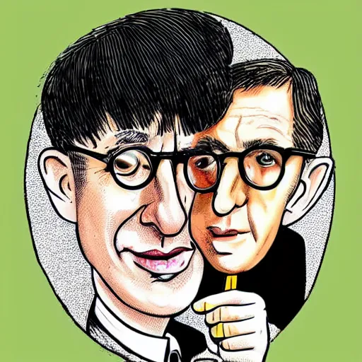 Image similar to caricature illustration of woody allen french - kissing a giant silver spoon