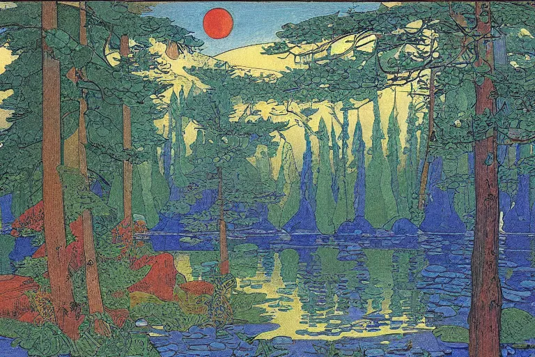 Image similar to a serene landscape by Ivan Bilibin