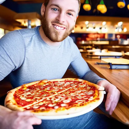 Prompt: a hockey player in a pizza restaurant