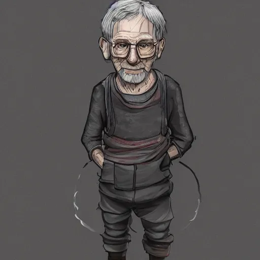 Prompt: detailed half body digital art for a game of a old person wearing ragged and ruined clothes. the background is pure black with a little bit of glow behind the character