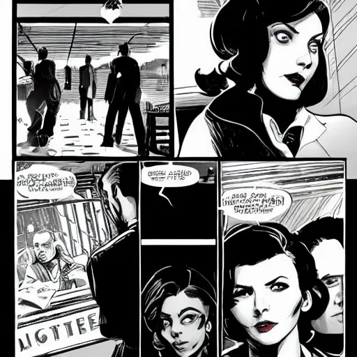 Prompt: in the style of Rafael Albuquerque comic art, Elizabeth from Bioshock Infinite hiring a detective.