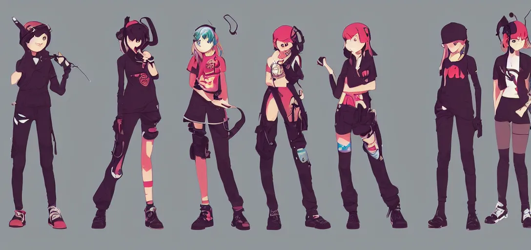 Image similar to character sheet concept art of female video game characters inspired by flcl, unique silhouettes, cute casual streetwear, by marc brunet and artgerm