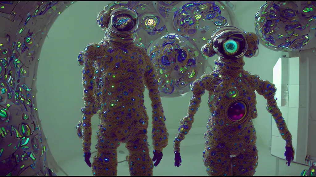 Image similar to a cybernetic symbiosis of a single astronaut mech-organic eva suit made of pearlescent wearing knitted shiny ceramic multi colored yarn thread infected with diamond 3d fractal lace iridescent bubble 3d skin dotted covered with orb stalks of insectoid compound eye camera lenses floats through the living room, film still from the movie directed by Denis Villeneuve with art direction by Salvador Dalí, wide lens,kevlar,carbon fiber,ceramics,gaseous materials,