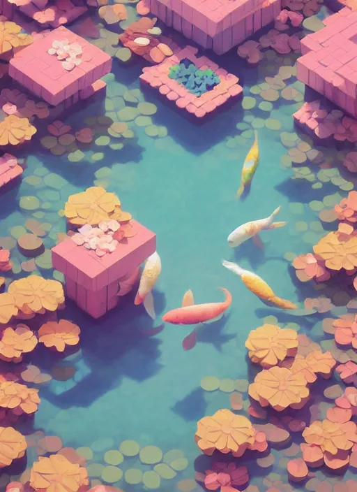 Image similar to pastel cute voxel art of a koi pond, behance, artstation, cute, Japanese, 3d render, unity, beautiful lighting, extremely beautiful, Huang Guangjian and Gil Elvgren and Sachin Teng , Greg Manchess