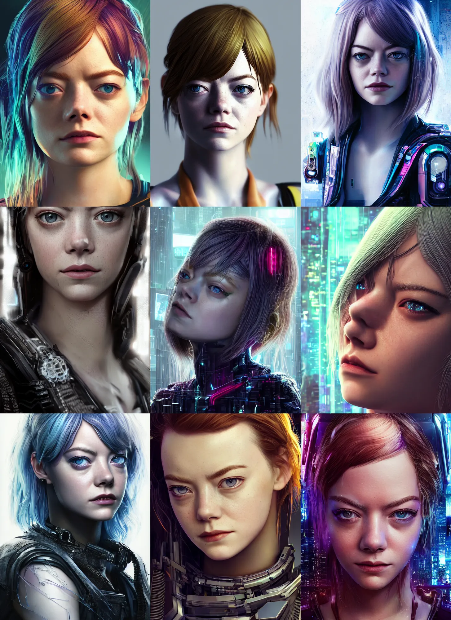 Prompt: cyberpunk portrait of beautiful cyber Emma Stone, young Emma Stone, cyberpunk, photorealistic, octane render, 35mm, coherent, intricate, 4k, intricate details, concept art, studio lighting, trending or artstation, award winning, hyperrealistic, 8k, hd