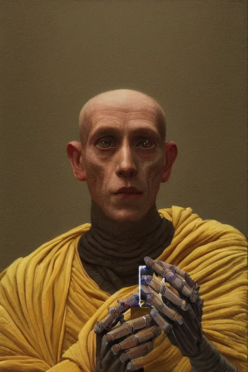 Image similar to robot monk painting a self - portrait on a canvas. intricate, highly detailed, photorealistic, film still, by vdragan bibin.