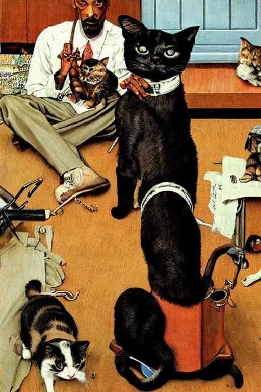 Image similar to snoop dogg and his cats painted by norman rockwell