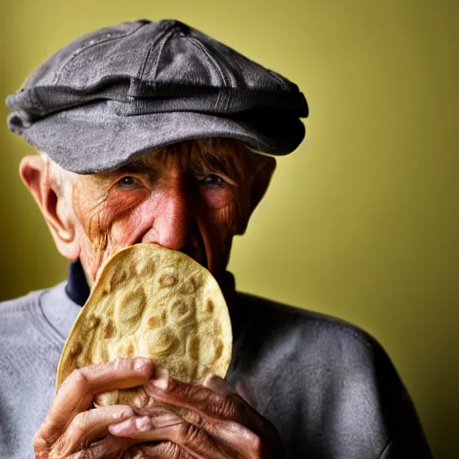 Prompt: an elderly man wearing a hat made from a tortilla, bold natural colors, national geographic photography, masterpiece, 8 k, raw, unedited, symmetrical balance