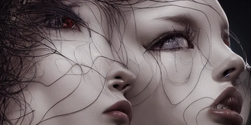 Image similar to hyperrealistic photography of a stunningly cyborg female, intimate,, kissing, delicate threads, in the style of beth cavener, jin kagetsu,, and wlop, highly detailed, intricate filigree, chrome face symmetry, masterpiece, award - winning, sharp focus, concept art, high key, ambient lighting, 8 k, octane render, artstation