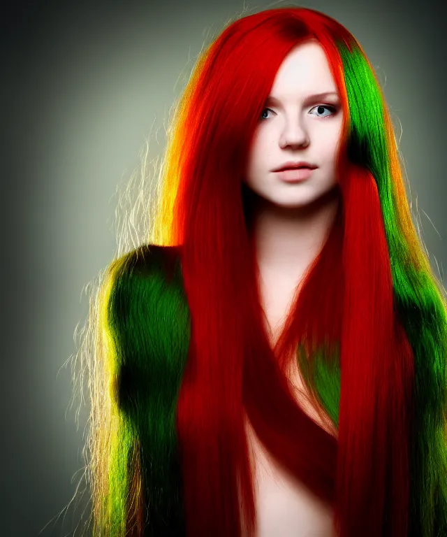 Prompt: Beautiful young woman, Fae, portrait, long red hair, green highlights