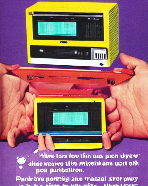 Prompt: full - color 1 9 8 3 magazine advertisement for a retro - futuristic computer that uses nerves as power. cassette - futurism ; cassette - punk ; retrofuturism.