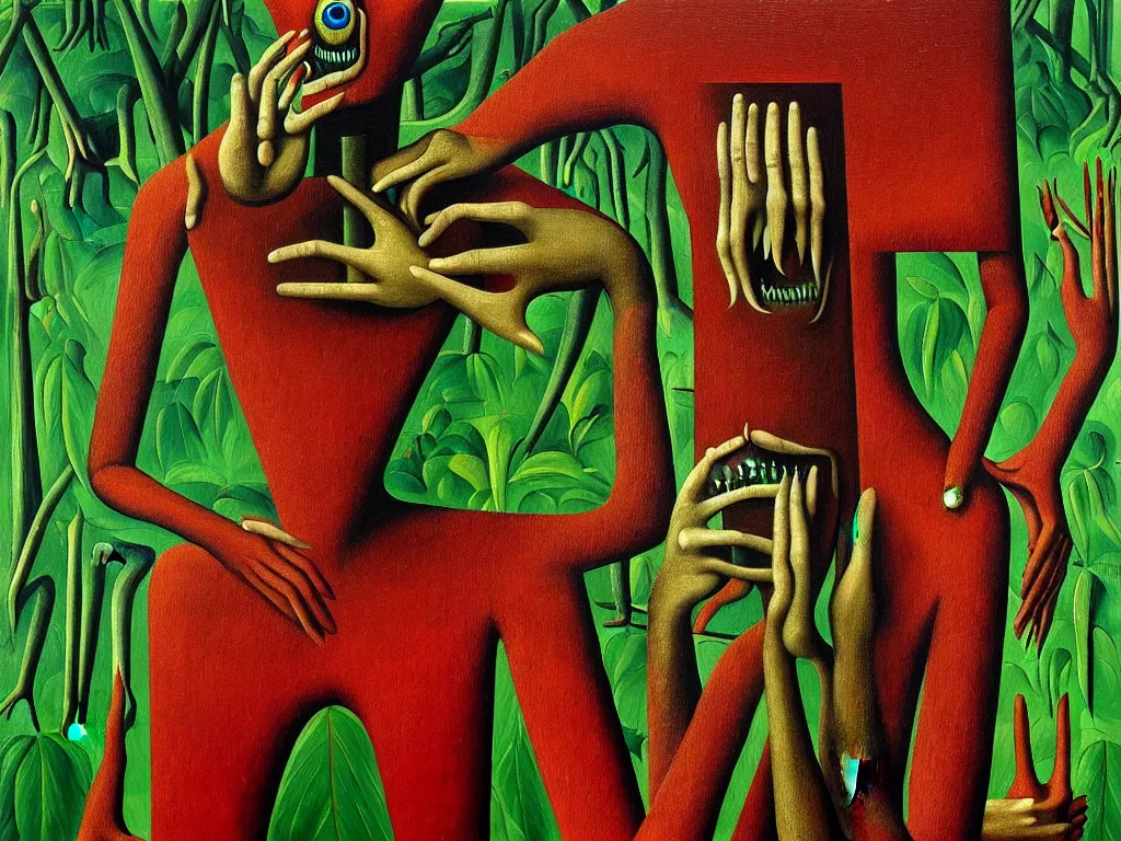 Image similar to a painting of a human with a hand face with a centered eye, mouth with sharp teeth centered on the neck, legs that melt into a forest, forest background, highly detailed, 4 k, art by max ernst