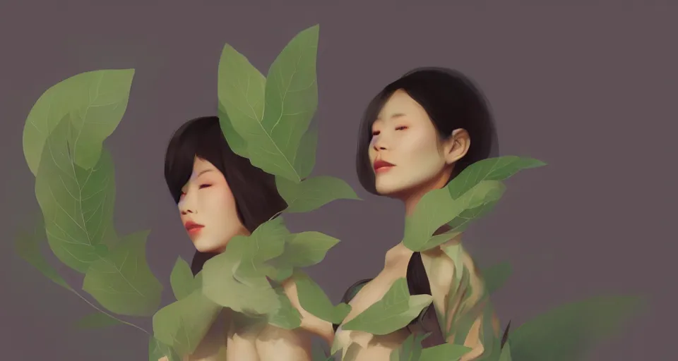 Image similar to asian female wearing leaf costume, contrast lightning, rough dark background, art by dannylailai on artstation, by hsiao ron cheng