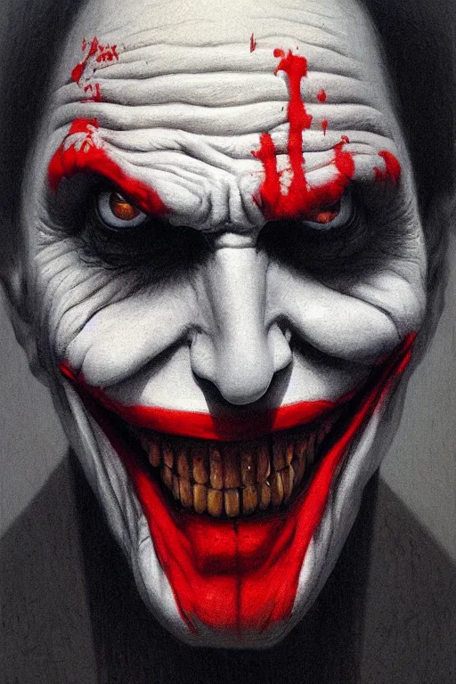 Image similar to Portrait of Joker, dc comics, dark, artstation, painted by Zdislav Beksinski