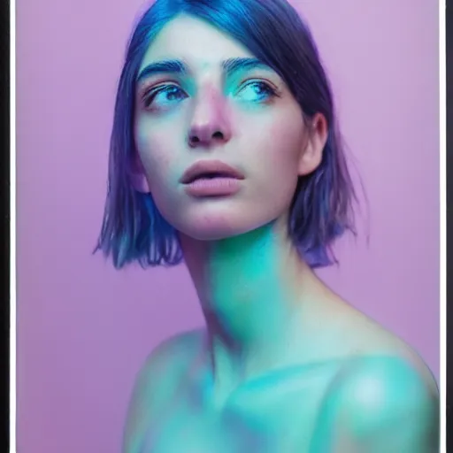 Prompt: A vibrant studio portrait photograph of a beautiful millennial woman by Alessio Albi and Nina Masic, trending on instagram, soft focus, vertical portrait, natural lighting, double exposure, f1.8, 50mm, micro details, cottagecore polaroid color scheme, classic chrome, film grain, light cyan, lavender blush, cinematic lighting