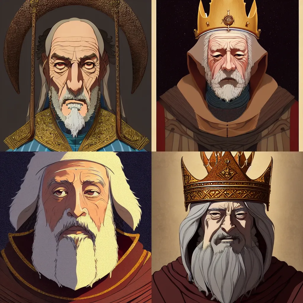 Prompt: portrait of a medieval old king, elegant, highly detailed, digital painting, artstation, smooth, art by studio ghibli!! and fujita goro and disney and tom whalen and jean giraud and moebius, 8 k