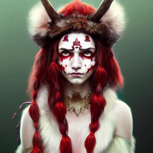 Prompt: Portrait of Aurora Aksnes dressed as Princess Mononoke with red facepaint under her eyes, white fur, face, fantasy, intricate, elegant, highly detailed, digital painting, artstation, concept art, smooth, sharp focus, illustration, art by Fernanda Suarez and Artem Demura and alphonse mucha