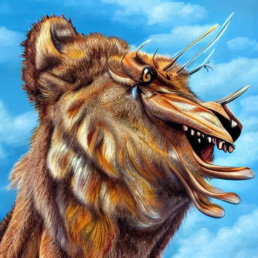 Prompt: detail - rich digital art illustration of a roaring lion that has the body of a european stag beetle and is provided on its back with fly wings, close - up, detailed oil painting, blue sky background
