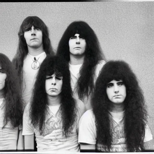 Image similar to Group of 19-year-old girls, permed hair, thick hair, heaviest metal band of 1970s, proto-metal, promo photo, band promo, 1971 16mm photograph