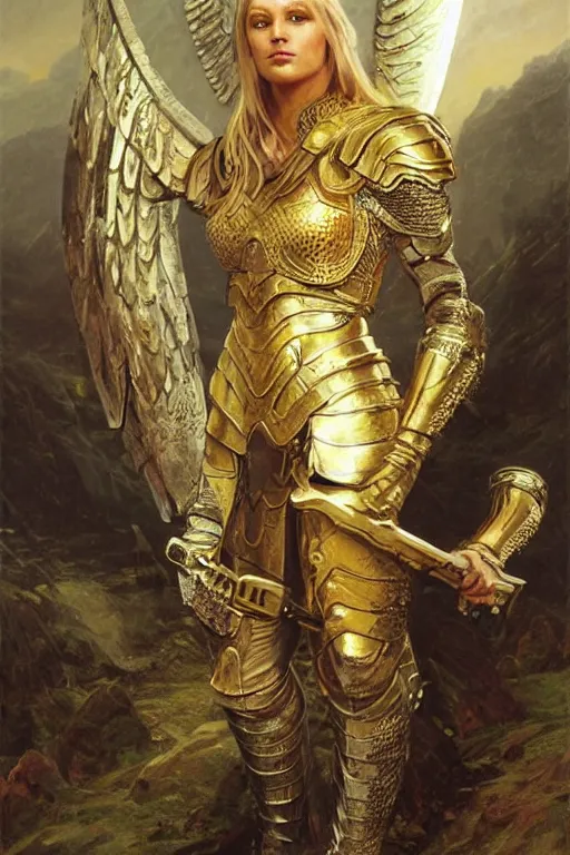 Image similar to a beautiful valkyrie , half body portrait, blond hair, gold chainmail armour, realistic oil painting by Thomas Cole and Wayne Barlowe and Boris Valejo