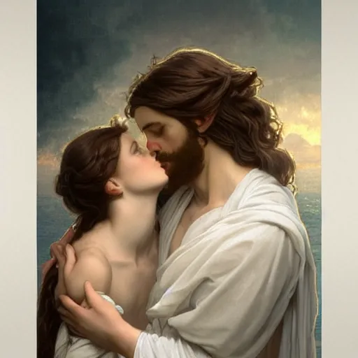 Prompt: jesus kissing a maria maddalena, elegant, highly detailed, digital painting, artstation, concept art, matte, sharp focus, illustration, art by artgerm and greg rutkowski and alphonse mucha