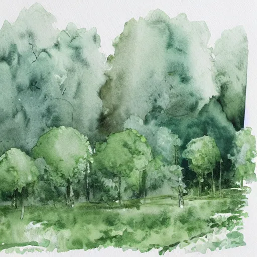 Prompt: abandoned city overgrown by trees, watercolor