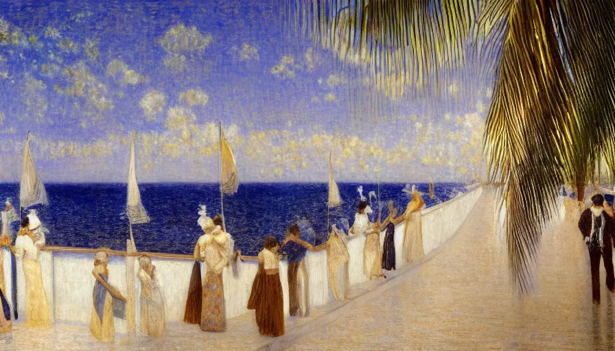 Prompt: a ultradetailed beautiful painting of the night sky of the amazonas golden white palace balustrade designed by jules bastien - lepage, tarsila do amaral, frank weston and gustave baumann, beach, trending on artstation, mediterranean, palm trees, sharp focus, sail boats, soft light, 8 k 4 k