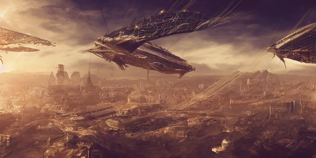 Image similar to Steampunk Air Haven, Zeppelins, cityscape, rope bridges, high-quality wallpaper, desktopography