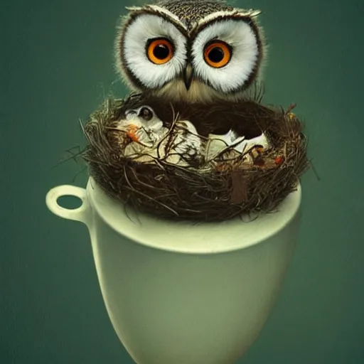 Prompt: long shot of a very cute owl chick nesting in a very futuristic cup, esao andrews, humorous illustration, hyperrealistic, big depth of field, warm colors, night scenery, low light, 3 d octane render, 4 k, conceptart, hyperdetailed, hyperrealistic, trending on artstation