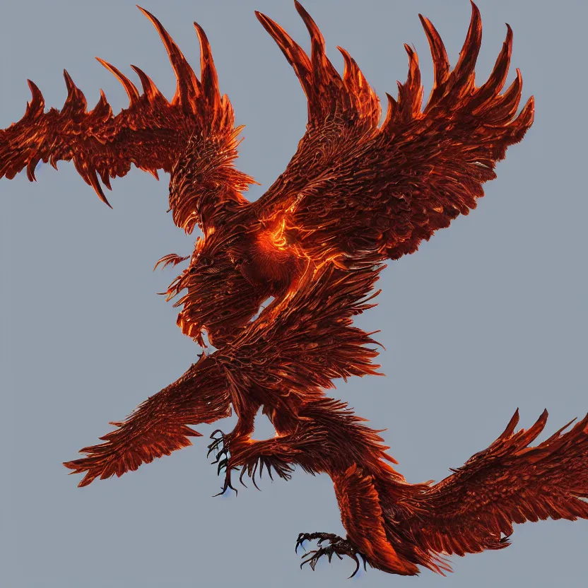 Image similar to Intricate detailed photo of dramatic phoenix bird with spread wings by James Gurney, unreal engine, Trending on artstation.