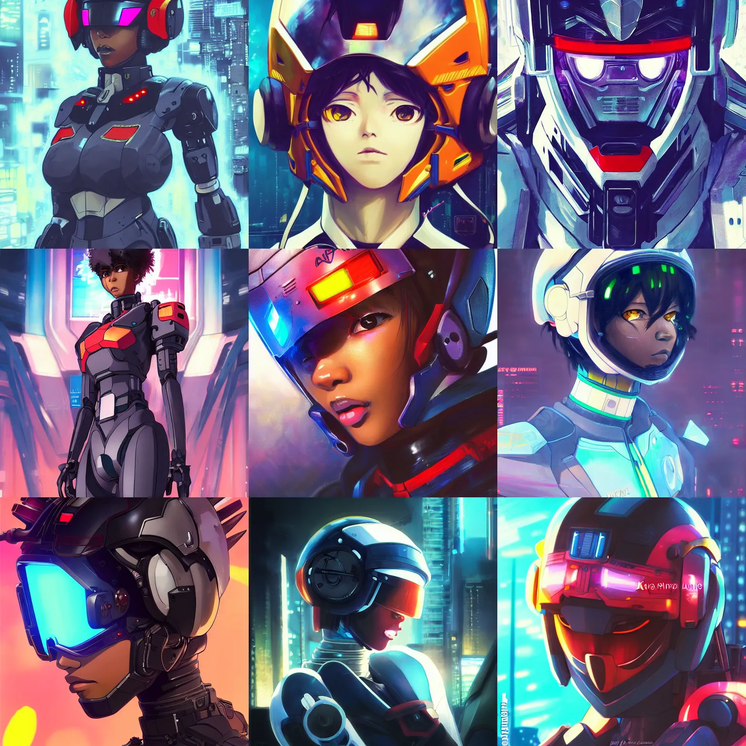 Prompt: anime manga afro - cyberpunk 👩🏿🦲 gundam pilot portrait with an intricate futuristic urban inspired helmet, hyperrealistic digital oil painting, by makoto shinkai, ilya kuvshinov, lois van baarle, rossdraws, basquiat, trending on artstation, cmyk, neon colors