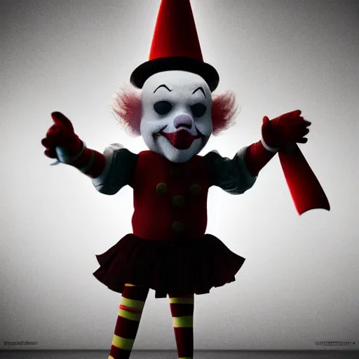 Image similar to pennywise the clown as a sock puppet, octane render, volumetric lighting, smokey atmosphere, rim lighting, glow lights, sharp focus, clear focus, soft shadows, highly intricate, hdr, creepy, clown vibes, textures, 8 k, 4 k, cinematic pose, trending on artstation, deviantart, award winning, contest entry