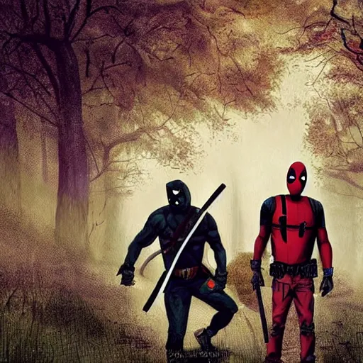 Image similar to jason voorhees fighting with deadpool in the woods digital art 4 k detailed super realistic