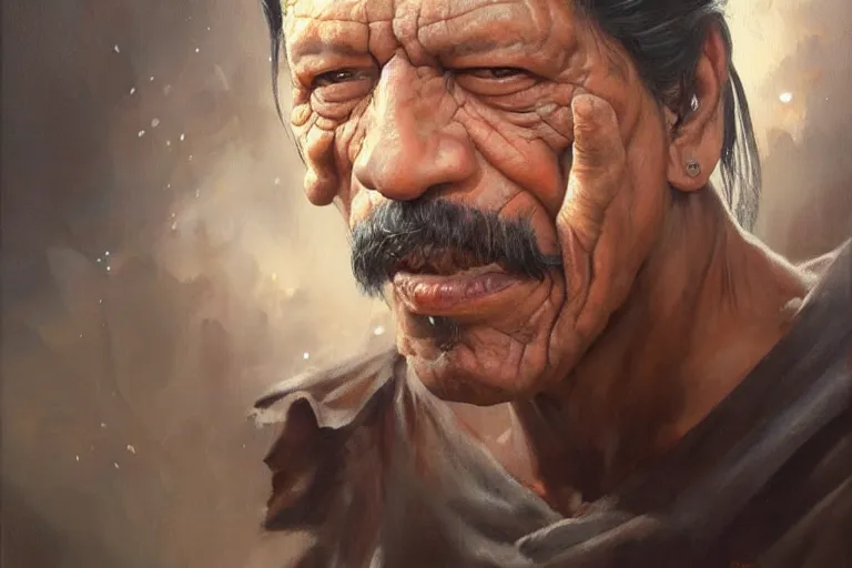 Image similar to A beautiful oil painting of a Danny Trejo, by Lucas Graciano, Frank Frazetta, Greg Rutkowski, Boris Vallejo, epic fantasy character art, high fantasy, Exquisite detail, post-processing, low angle, masterpiece, cinematic