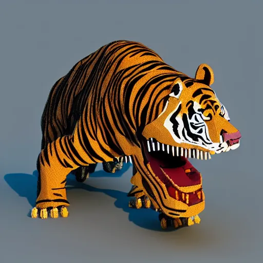 Image similar to voxel art of a tiger and crocodile hybrid, orthographic, 4k, blender render